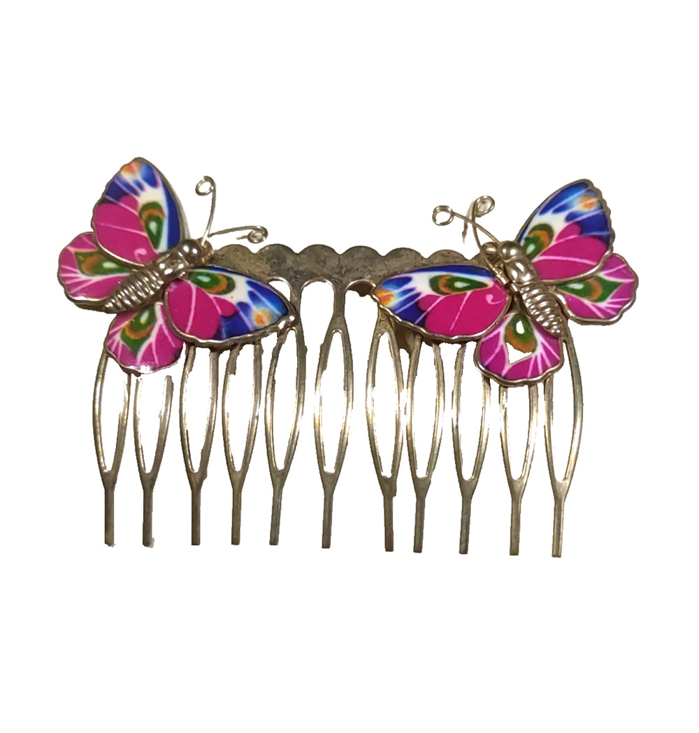 Butterfly Enamel Hair Comb Red Blue Colorful Thin Metal Feminine